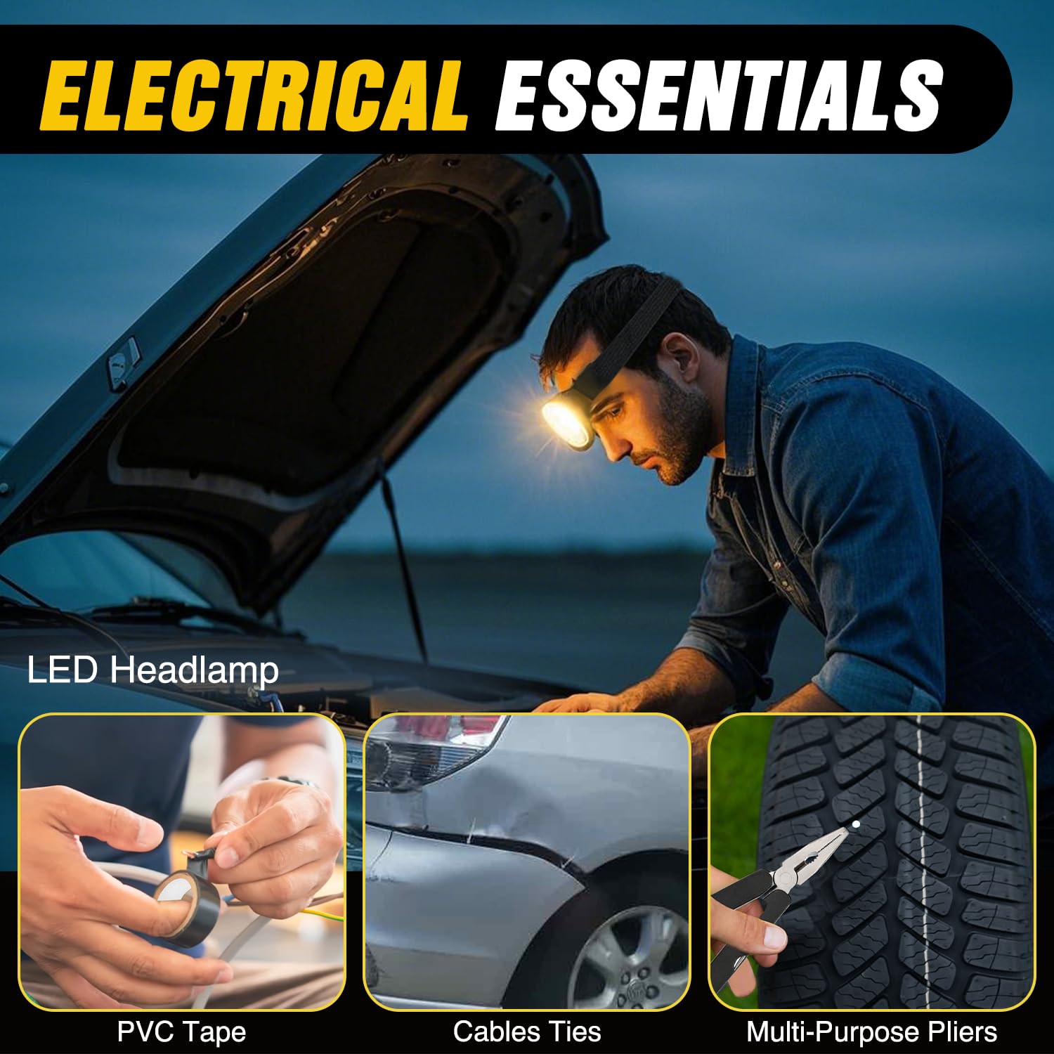 Nilight Kit di emergenza per auto con cavo di avviamento, compressore d'aria, riparazione pneumatici, strumento necessario, spina a coccodrillo di primo soccorso, kit elettrico per viaggi, campeggio,