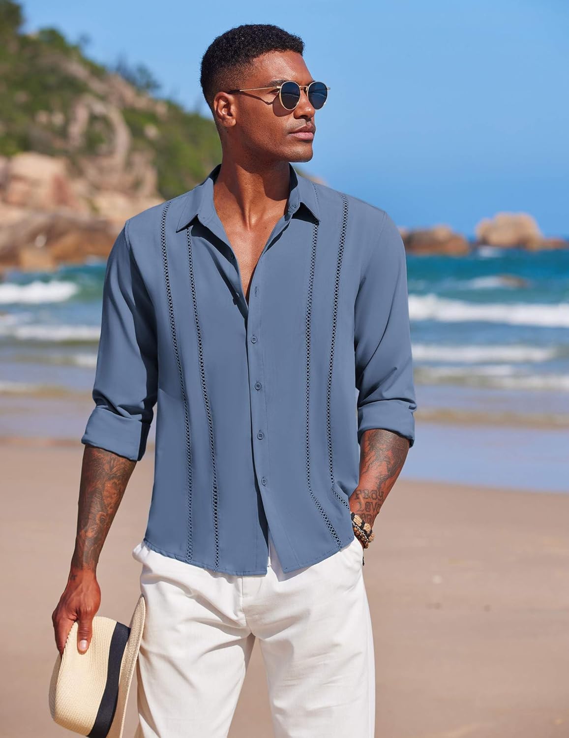 COOFANDY Mens Cuban Guayabera Shirt Casual Button Down Shirts Long Sleeve Summer Beach Shirts - Image 3