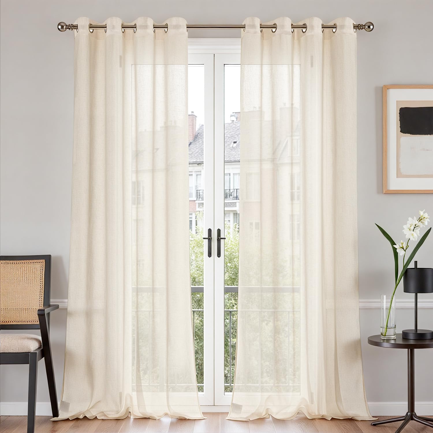 TOPICK Light Beige Linen Look Net Curtains, Eyelet Sheer Voile, W55 xL96