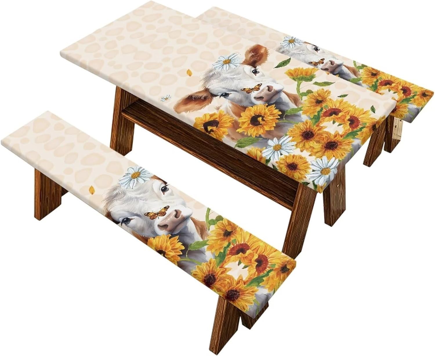 Cow Prints RV and Camping Table Cloth 3 Pcs Sunflower Picnic Table Bench Covers Waterproof Outdoor Bench Seat Cover for Garden Patio Lawn Party Camping Accessories 72 x 30 Inch