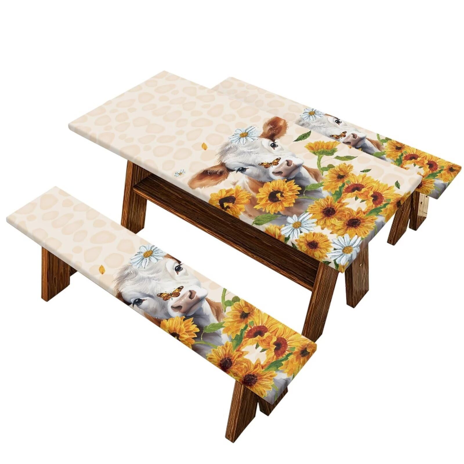 Oamsistay Cow Prints RV and Camping Table Cloth 3 Pcs Sunflower Picnic Table Bench Covers Waterproof Outdoor Bench Seat Cover for Garden Patio Lawn