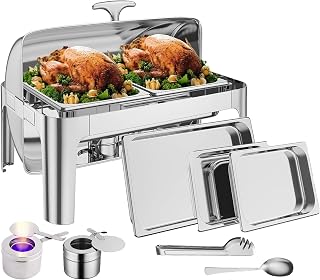 Garvee 9 QT Roll Top Round Chafing Dish Stainless Steel 1 Full Pan & 2 Half Pan Classic Buffet Chafer [at Least 8 People]