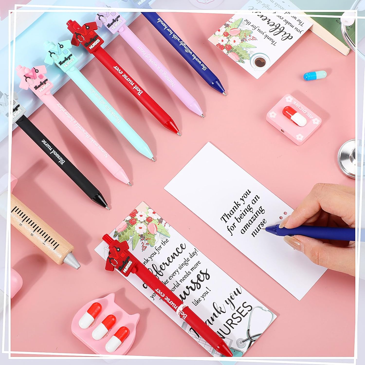 Sayglossy 24 Sets Nurse Week Gifts Bulk 2026 Nurse Appreciation Pens with Inspirational Greeting Cards Cute Scrubs Ballpoint Pens for Nurses Assistants Employee Holiday Party Favors Supplies