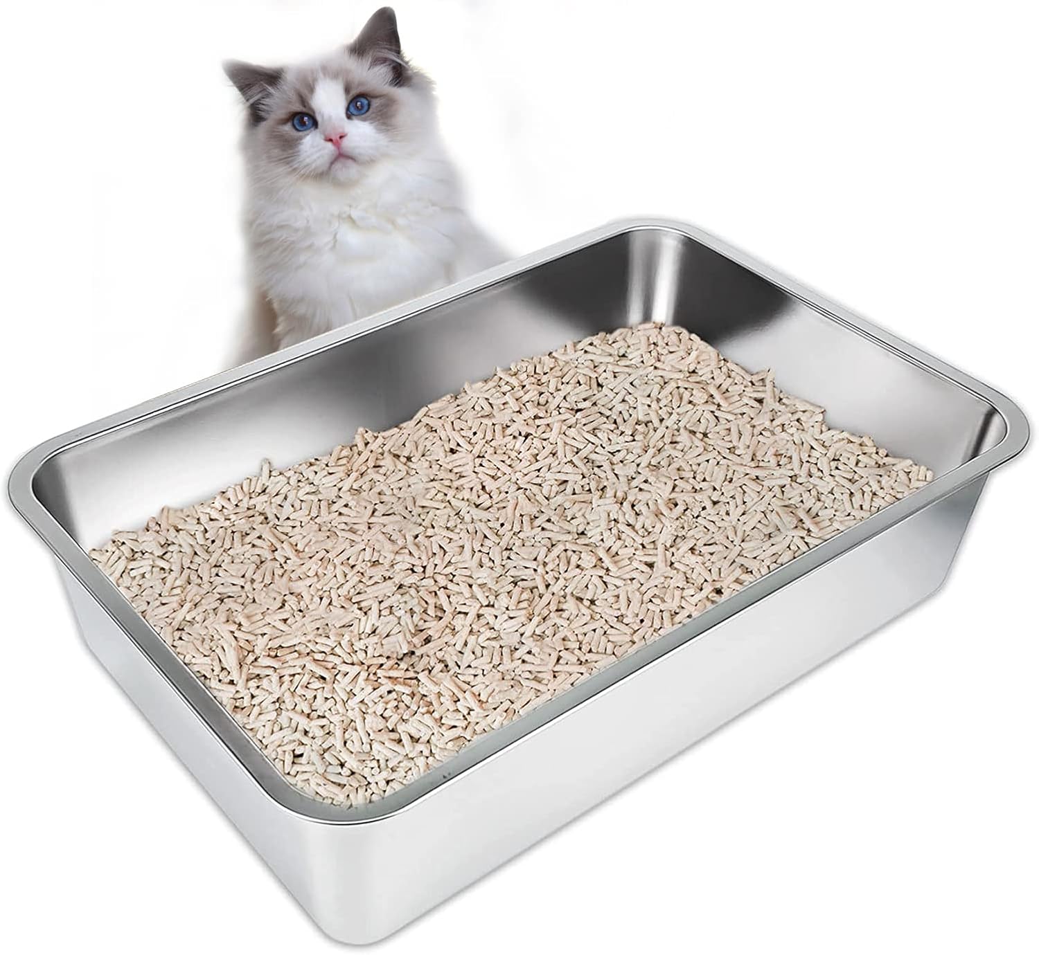 ZuHucpts Stainless Steel Cat Litter Box, Medium Metal Litter Pan for ...