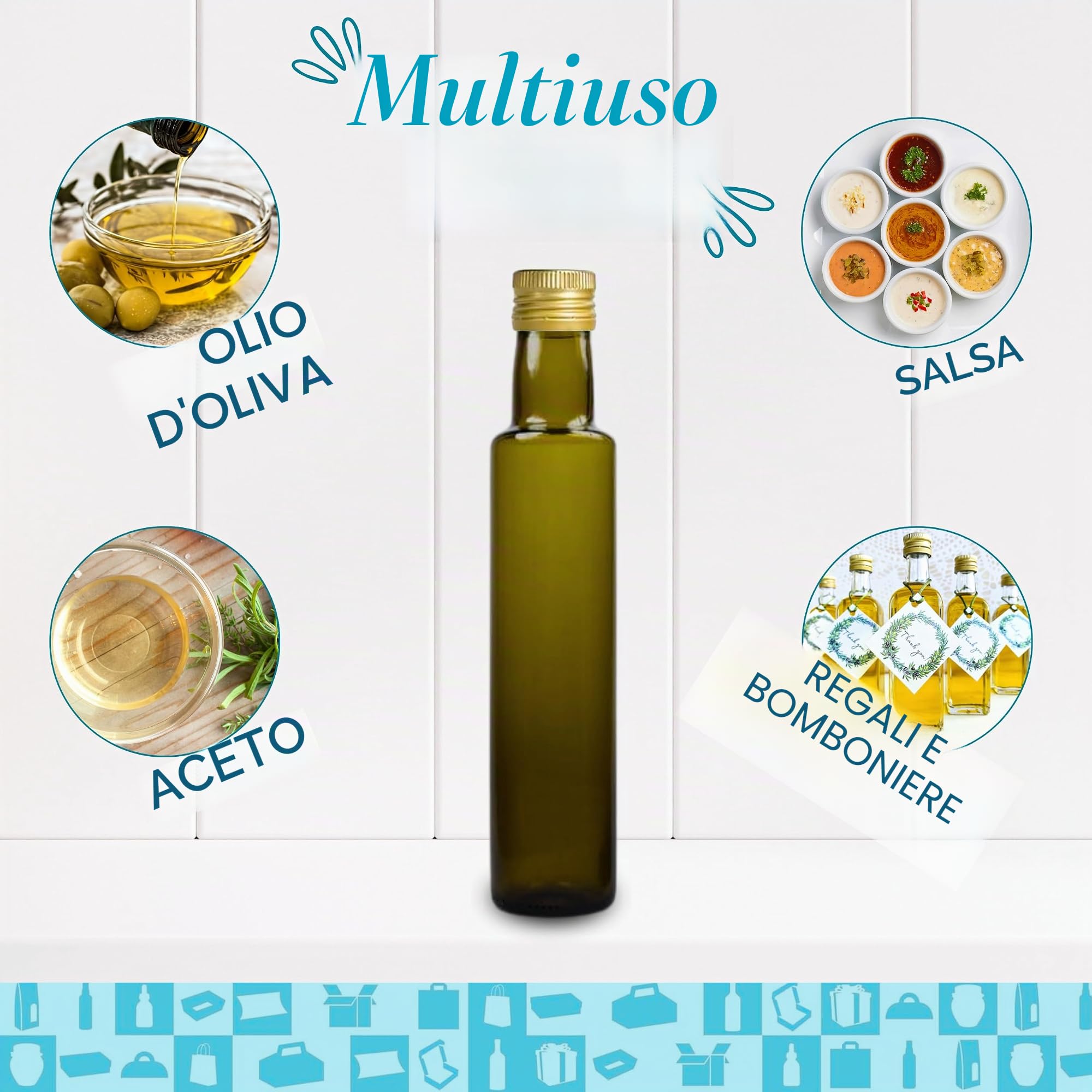 Set 20 Bottiglie di Vetro Scuro 250 ml con Tappo a Vite Dorato + 20 Scatole – Oliera Regalo per Olio, Aceto, Alcol e Salse | Espirito Rebelde