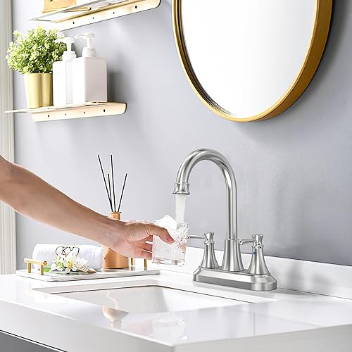 Miniatura 6 de GOWIN Grifo de baño de 2 manijas de níquel cepillado con drenaje desplegable de metal y líneas de suministro de grifo, grifo de utilidad giratorio