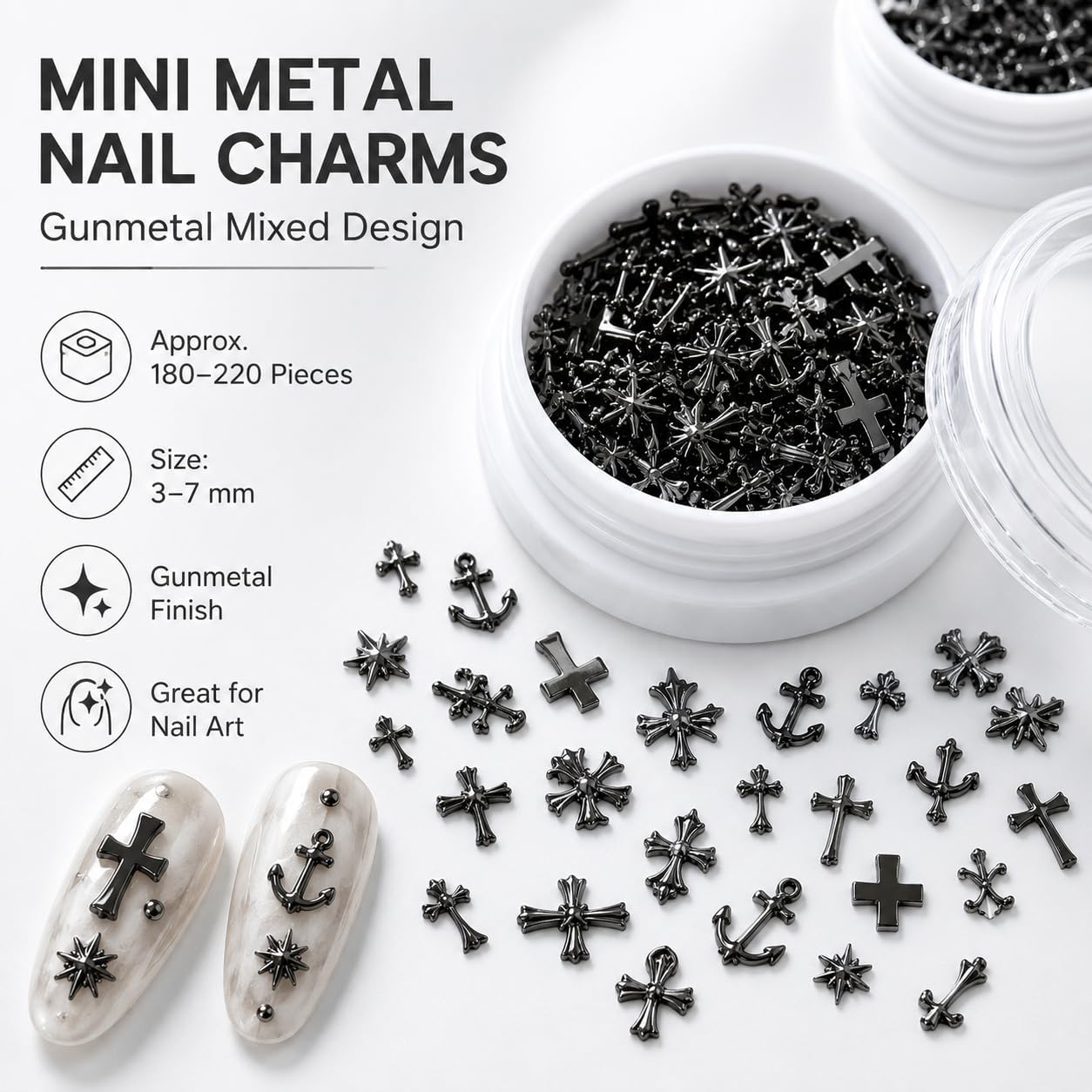 Cross Alloy Metal Rivet Thin Plate Nail Charms, 3D Gothic Nail Art Decorations, DIY Nail Accessories, Silver & Gunmetal Black, 2 Boxes Per Set
