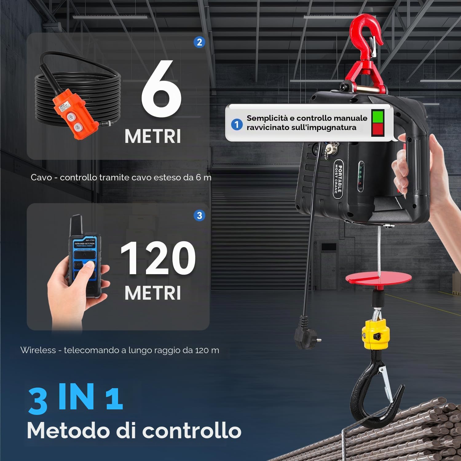 NEWTRY 3 in 1 Paranco elettrico 1500W, argano elettrico portatile da 300KG con finecorsa a infrarossi migliorato, sollevamento verticale e orizzontale, telecomando da 120M con CE