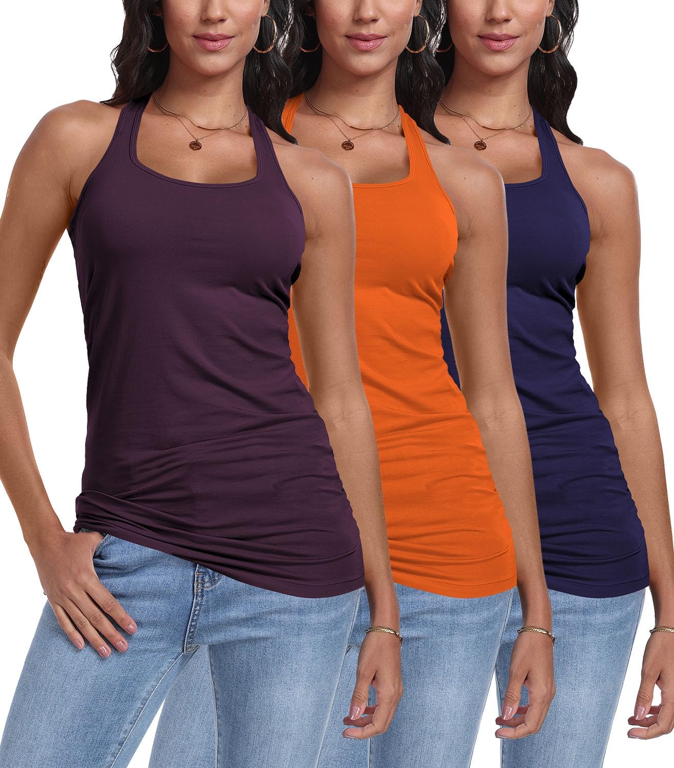 3 Packs Racerback Tank Tops for Women Long Workout Top Cotton Yoga Undershirt Gym Athletic Camisole