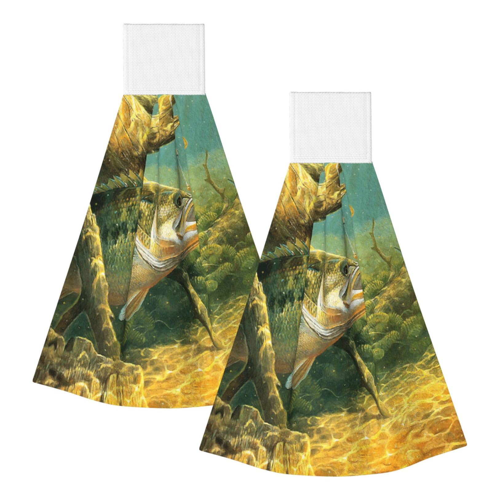 DOPKLNA Bass Fish Fishing Printed, 2 Pcs Hanging Coral Fiber Hand Towels for Bathroom, Absorbent Kitchen Towels