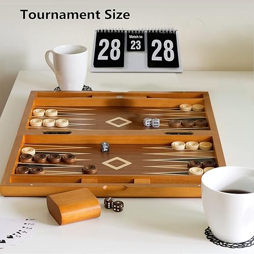 Vista 17 de Juego de backgammon de madera para adultos, estuche clásico de juego de mesa de 15 pulgadas, juego de backgammon plegable de alta calidad con piezas