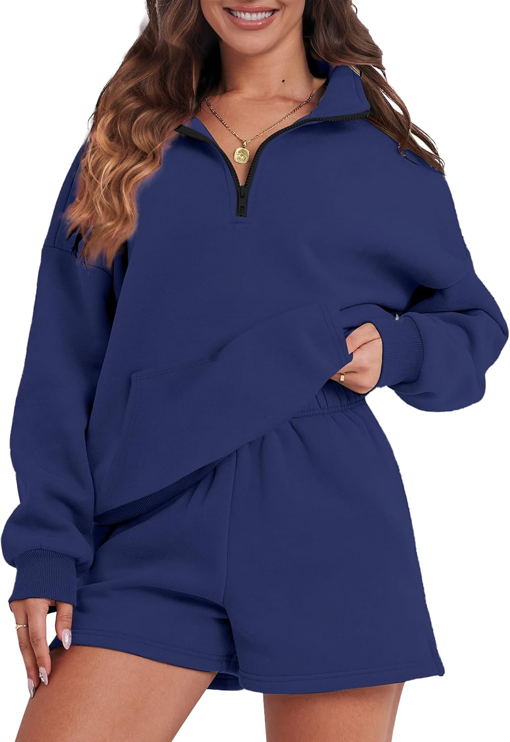 FKEEP Womens Sweatsuits 2 Piece Outfits Half Zip Sweatshirt Sweat Shorts with Pockets Lounge Sets