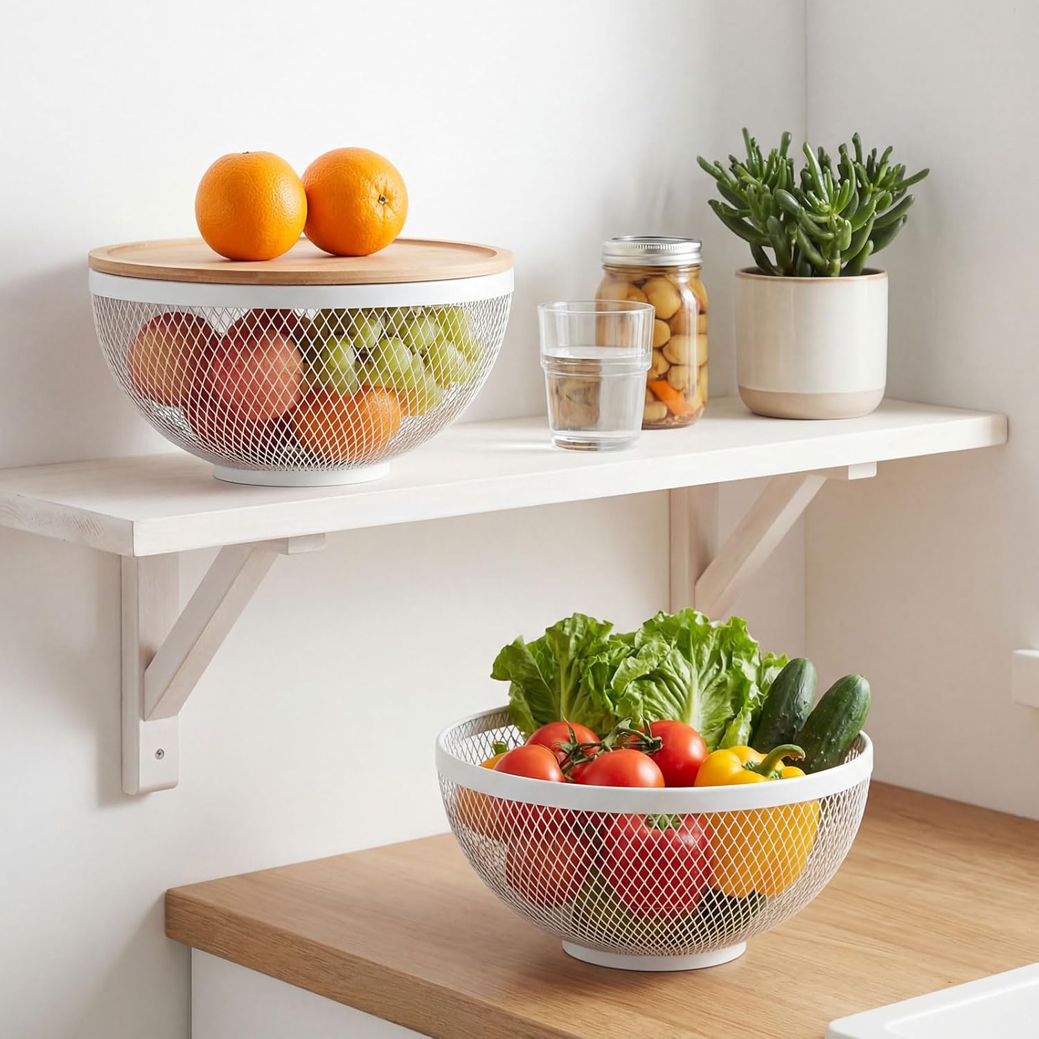 2 Pack Mesh Fruit Basket with Lids 9.8" Stackable Baskets with Bamboo Lid Fruits Holder for Kitchen Countertop Fruit Bowl with Lid Versatile Produce Storage (White)