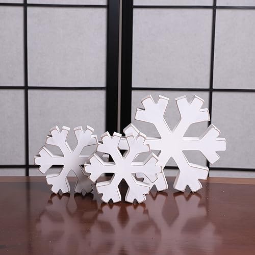 WAWOO 3 Pieces Winter Farmhouse Snowflake Decor - White Distressed
