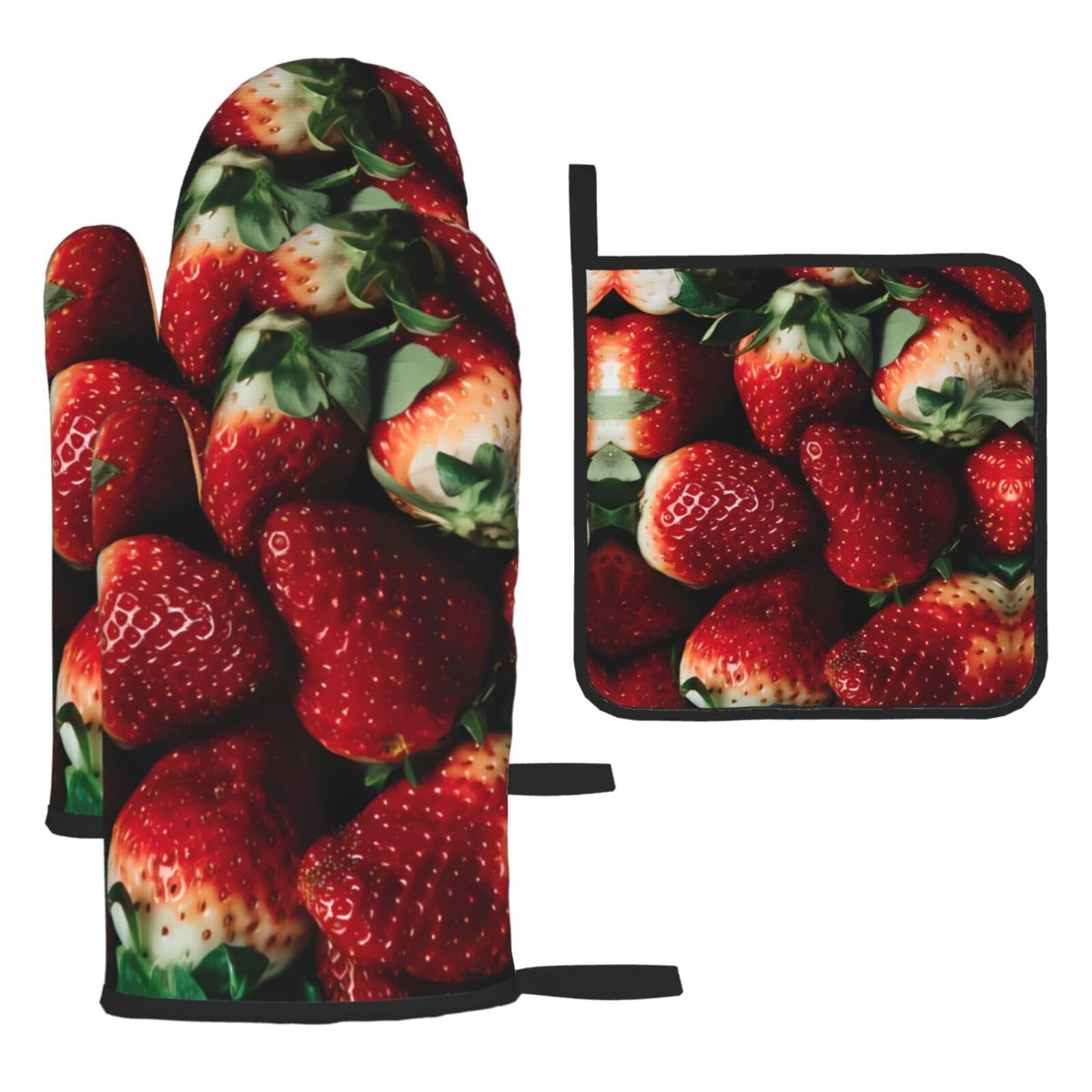 Strawberry Printed Oven Mitt Set 3-Piece | Heat Resistant Gloves & Pot Holder Mat for Cooking, Baking & BBQ