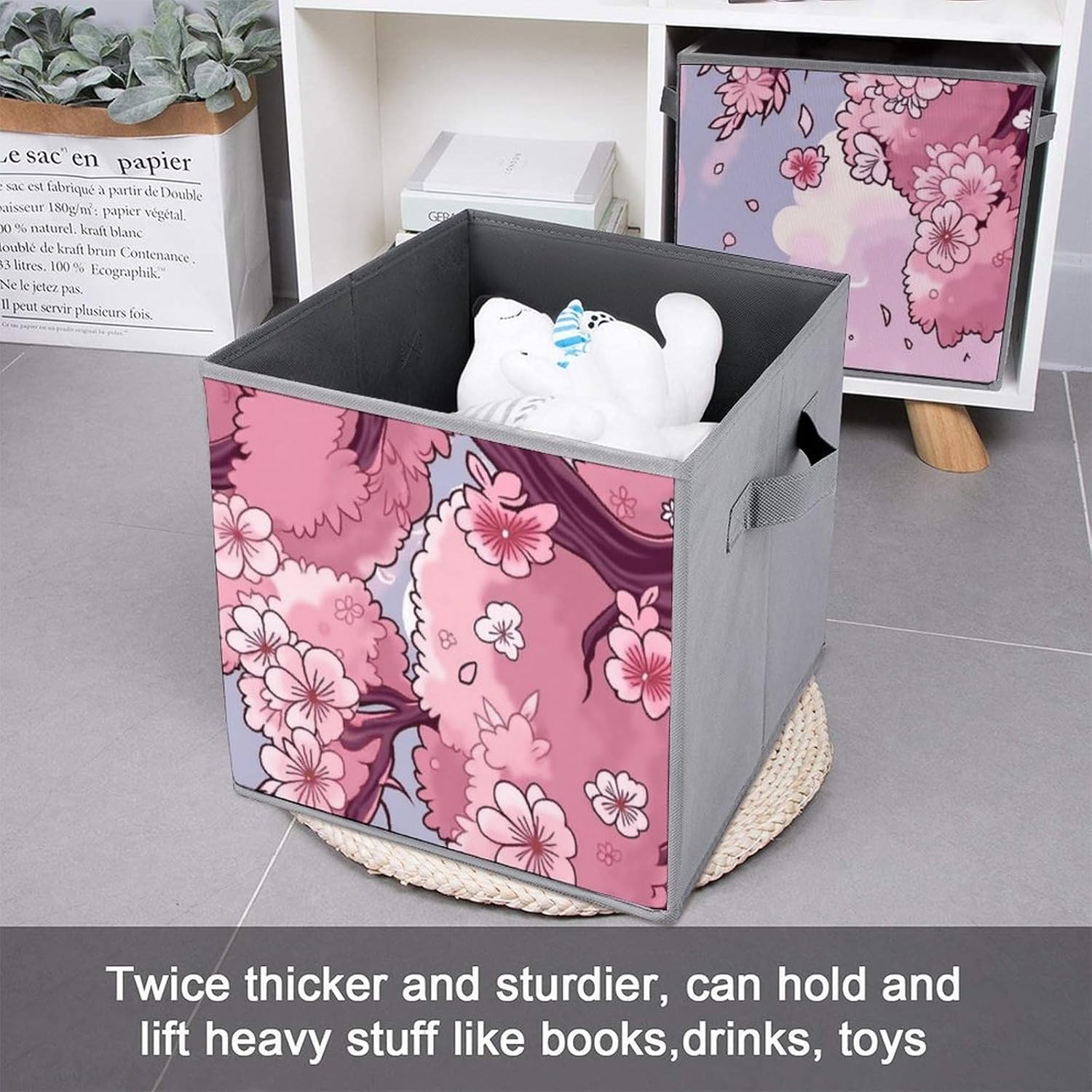 Cherry Blossom Floral 10.6 Inch Cube Storage Bin Foldable Fabric Storages Cubes Organizer with Handles for Shelves Closet Bedroom Clothes 6PCS
