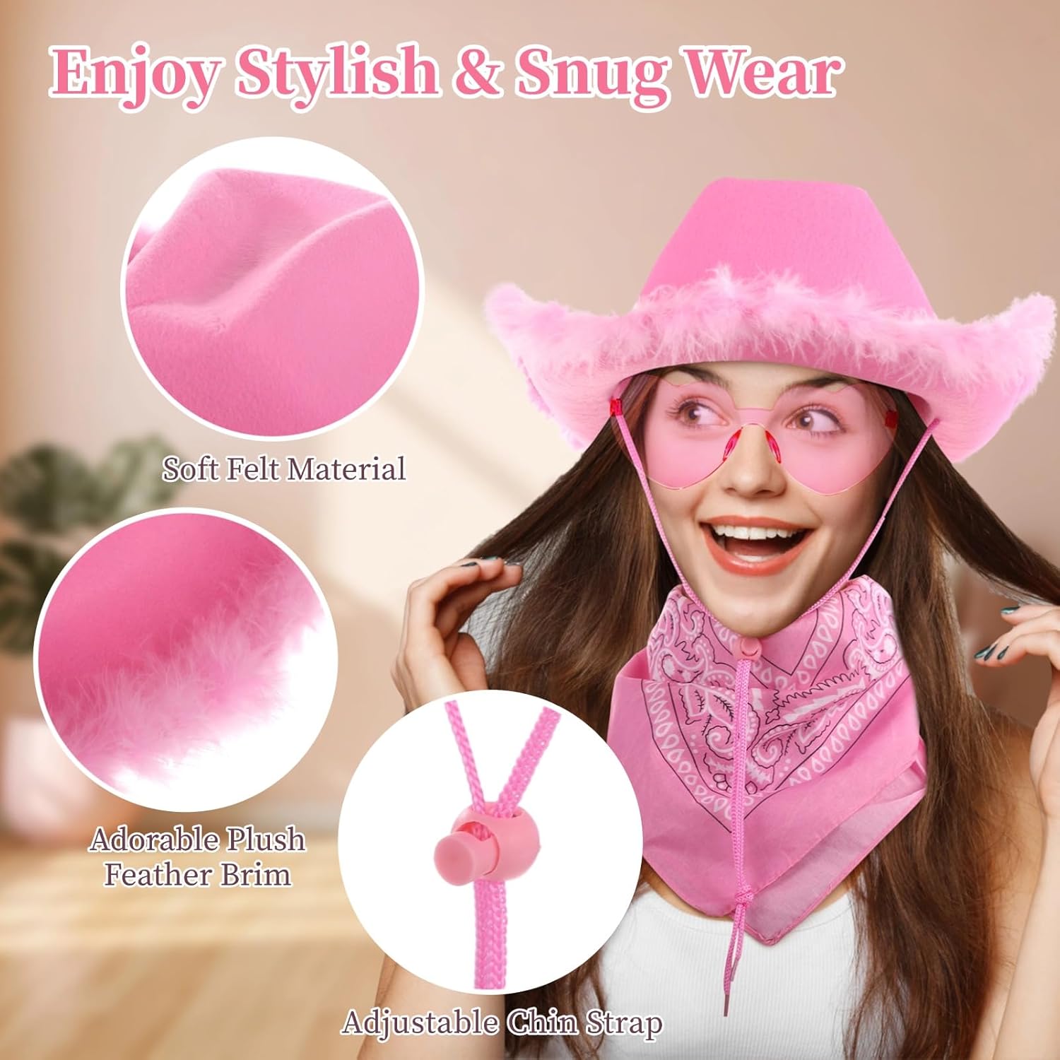 4 Set Pink Cowgirl Hats, Cowboy Hats with Heart-Shaped Sunglasses & Bandanas, Western Hats with Feathers for Women, Cow Costume Accessories for Fun Parties and Dress-Up Events
