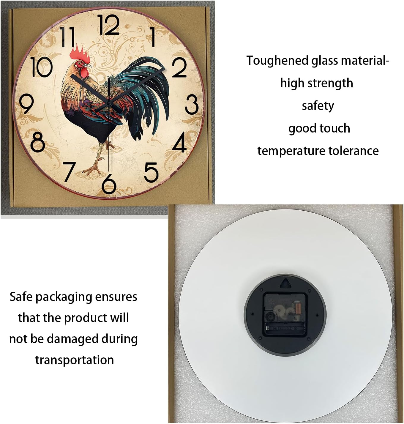 XNM Brown Rooster Wall Clocks Battery Operated 14 Inch Farmhouse Glass Kitchen Clocks Analog Animal Wall Clock Non Ticking
