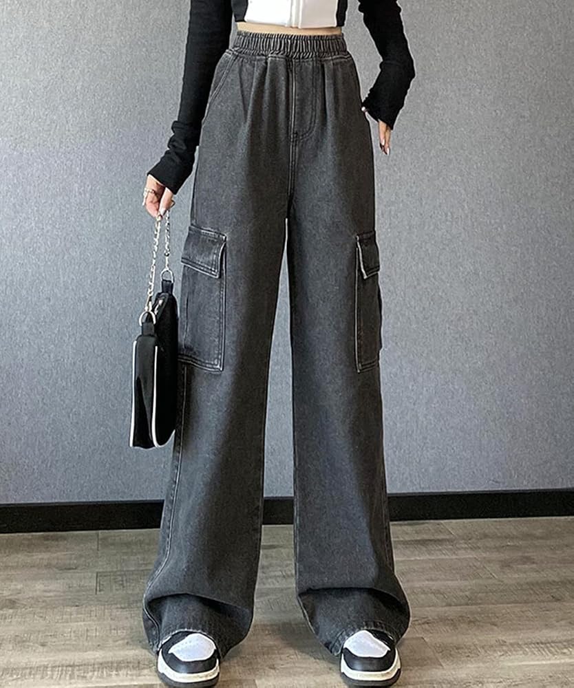 Glkaend Women's High Waist Baggy Denim Cargo Pants Y2k Wide Leg