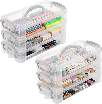 Anstore Storage Box with Handles, 2 x 3 Tier Clear Plastic Storage Box with Lid, Portable Pencil Case, Pen Drawing Tools Container Lid