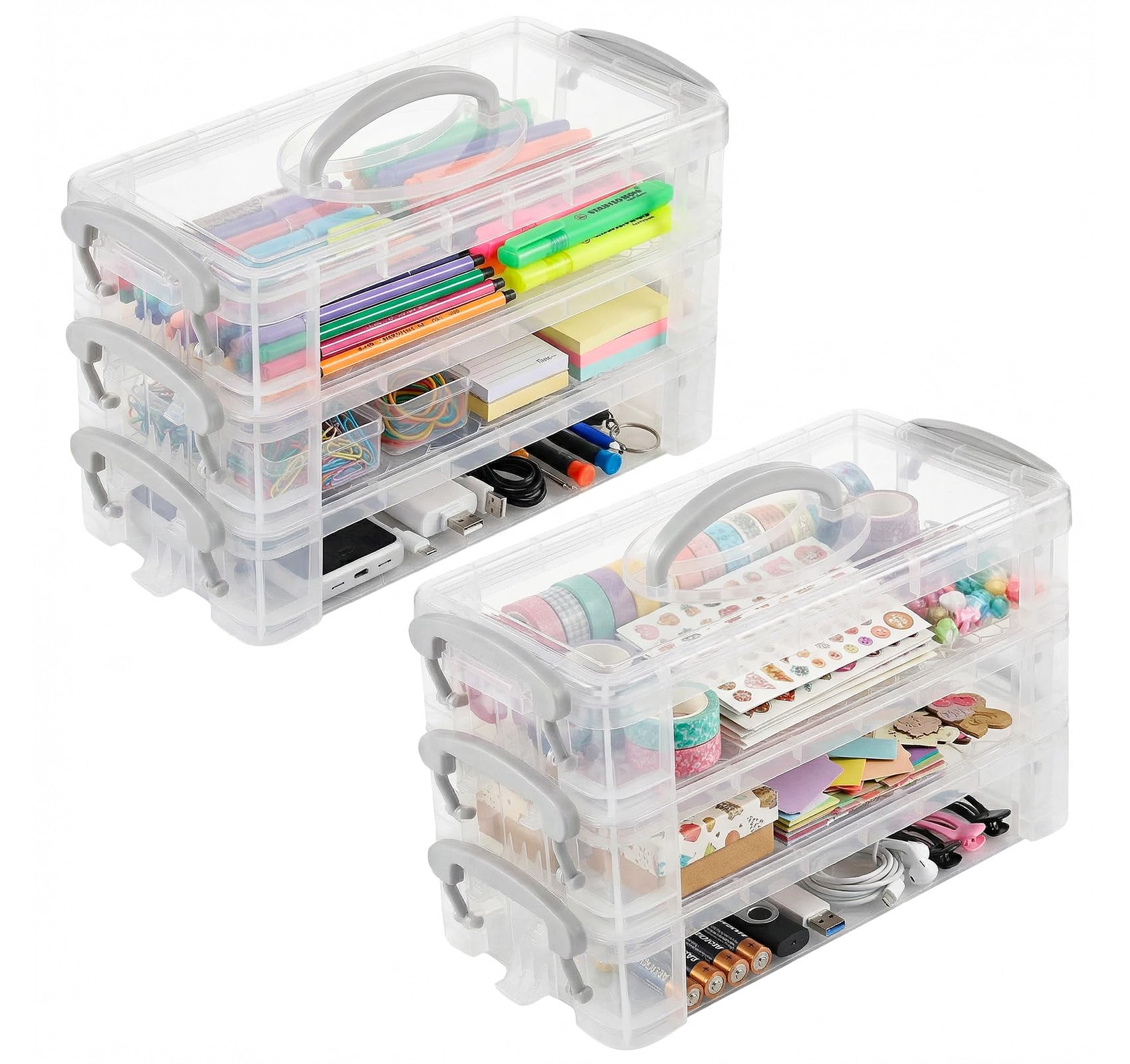 Storage Box with Handles, 2 x 3 Tier Clear Plastic Storage Box with Lid, Portable Pencil Case, Pen Drawing Tools Container Lid