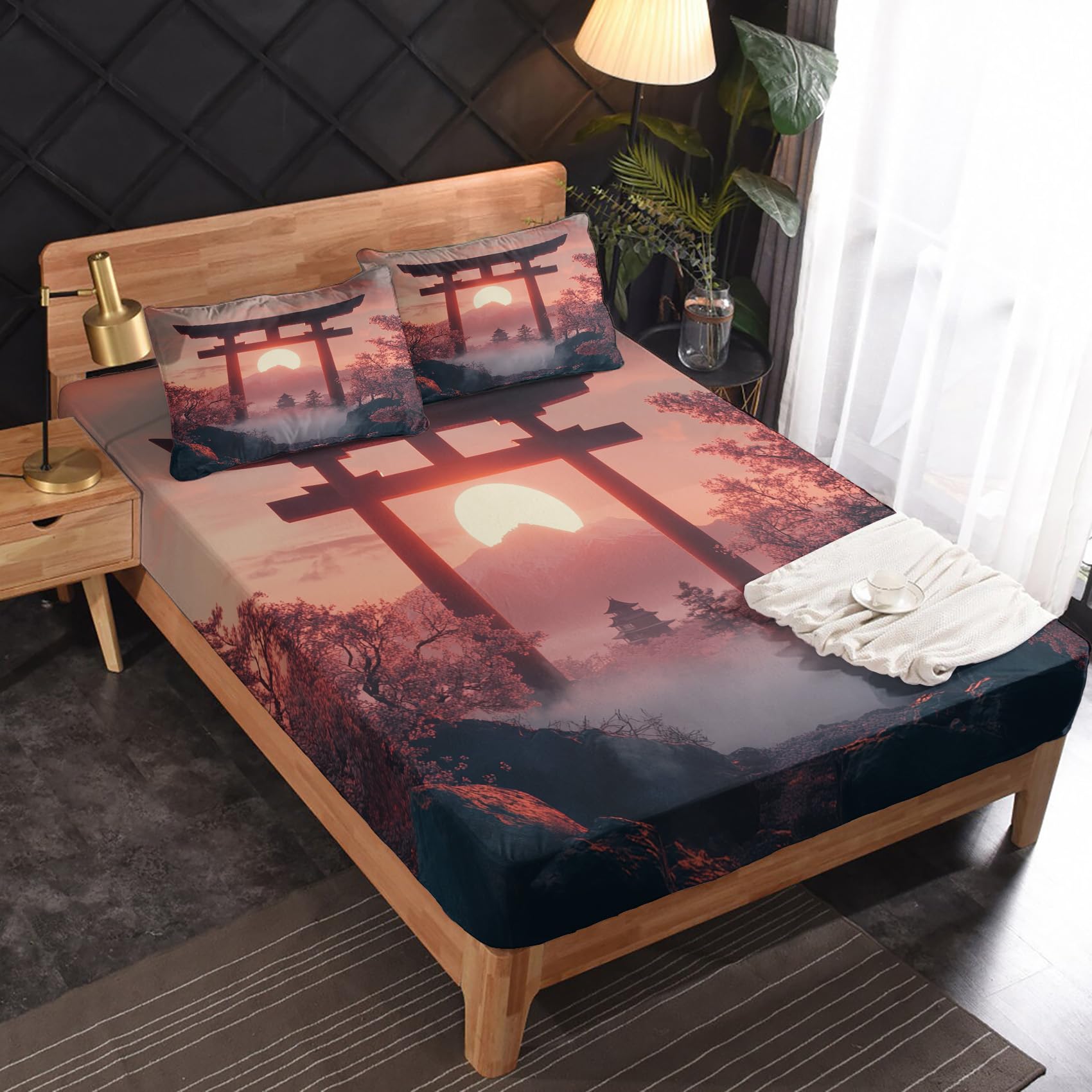 Zvynqour - Japanese Torii King Size Sheet Set - Japanese Style Sheet Set - 4 Piece Bedding with 16" Deep Pocket - Japanese Bedroom Decor