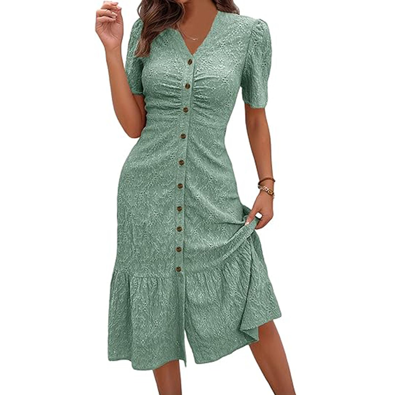 Abito Midi da Donna con Ricamo Occhiellato – Scollo a V, Maniche a Sbuffo, Modello Che Segna la Vita, Bottoni Frontali, Dettagli Arricciati e Volant – Stile Estivo Casual