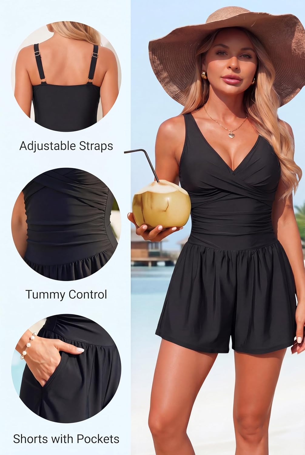 Smismivo Romper Swimsuits for Women Tummy One Piece Bathing Suit Slimming Full Coverage with Shorts Pocket V Neck Swim Suit