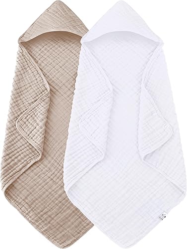 Miniatura 10 de Paquete de 2 toallas de bebé con capucha, 100% algodón de muselina para recién nacidos, bebés, niños pequeños, tamaño grande de 32 x 32 pulgadas,