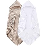 Spotted Play 2 Pack Hooded Baby Towels - 100% Muslin Cotton for Newborns, Infants, Toddlers - Large 32x32Inch Size - Highly Absorbent and Essential for Newborn Care, White and Brown