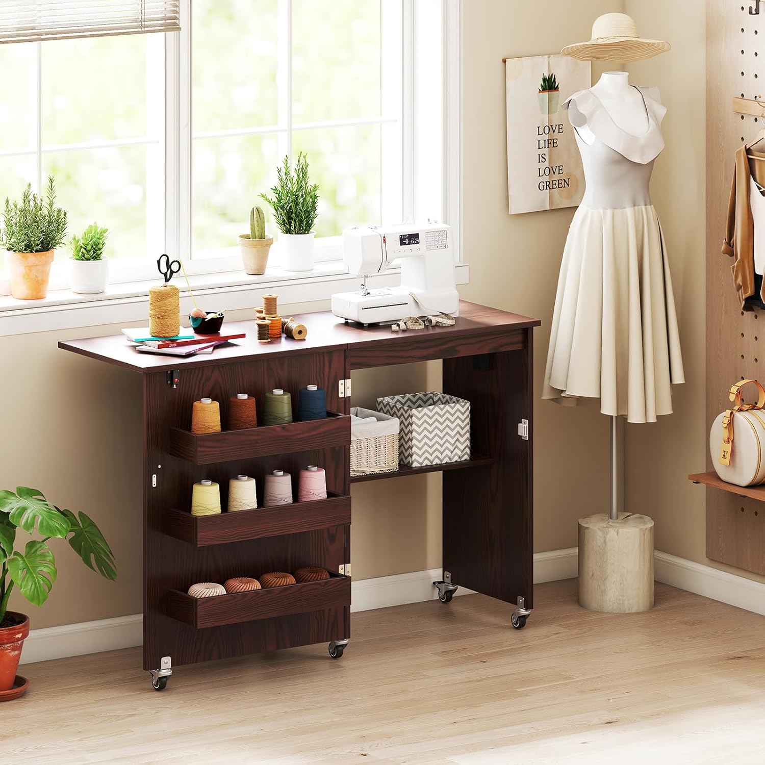 Giantex Folding Sewing Table with Storage, 3 Side Trays & Open Shelf, Built-in Charging Station, Mobile Craft Desk with Lockable Wheels, Space-Saving Sewing Machine Table for Home, Dorms, Espresso