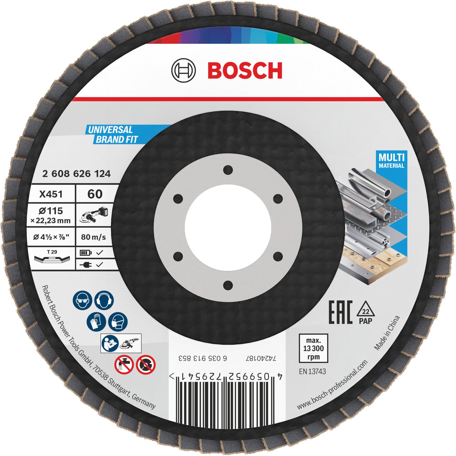 Bosch X451 Flap Disc 15x G40 G60 22.23mm Bore Model 2608626168