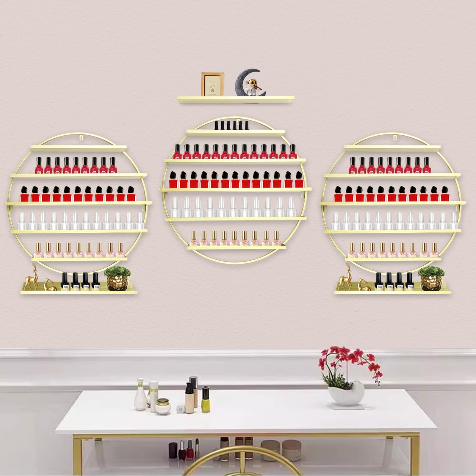 5-Etagen Runde Nagellack Wandhalterung Nagelsalon Lagerung Rack Display Stand Wandregal NagellackstäNder Metall Regal Aufbewahrung StäNder Aufbewahrungsregal Wand Organizer Halter (Golden)