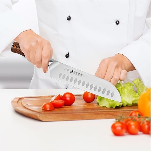 Miniatura 3 de TUO Cuchillo Santoku de 7 pulgadas y tijeras de cocina, acero alemán de alto carbono y mango de madera de Pakkawood resistente, juego de cubiertos