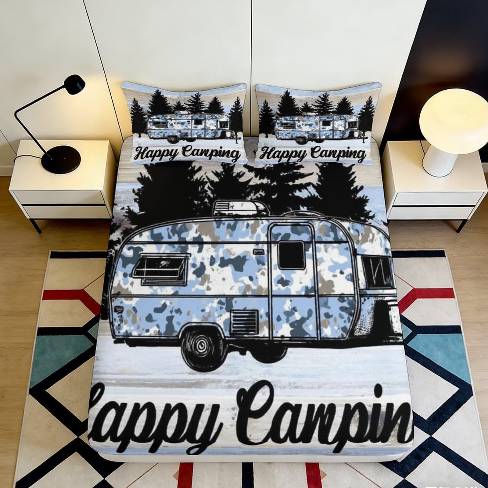 3D Printed Camper Van Forest Fitted Sheet Microfiber Soft Anti-Slip Mattress Cover for Bedroom Guest Room Decor 120x200x25cm