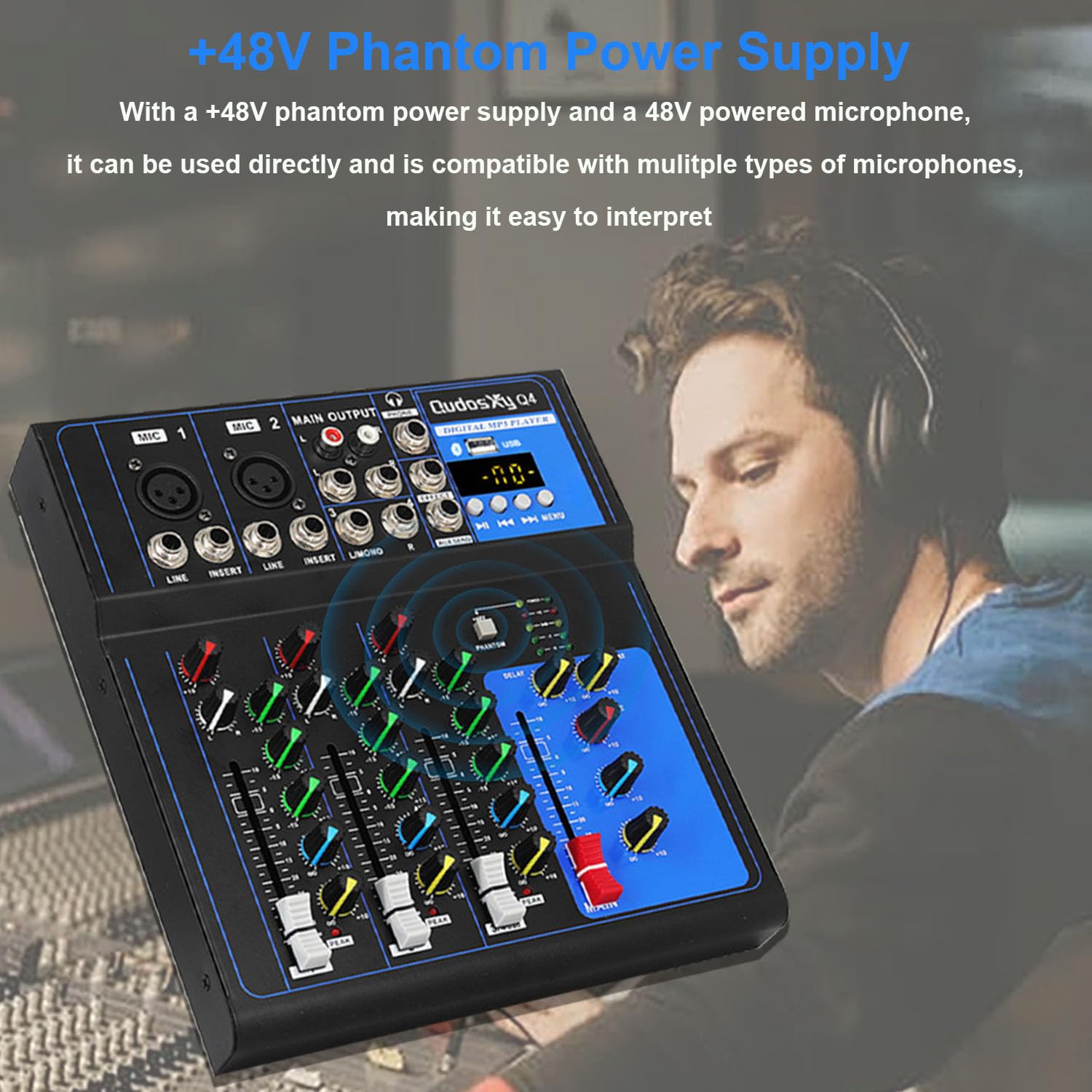 Mixer Audio Professionale Scheda Audio Console Interfaccia Sistema 4 Canali USB Digitale Bluetooth MP3 Ingresso Computer 48V Phantom Power Stereo DJ Studio Streaming