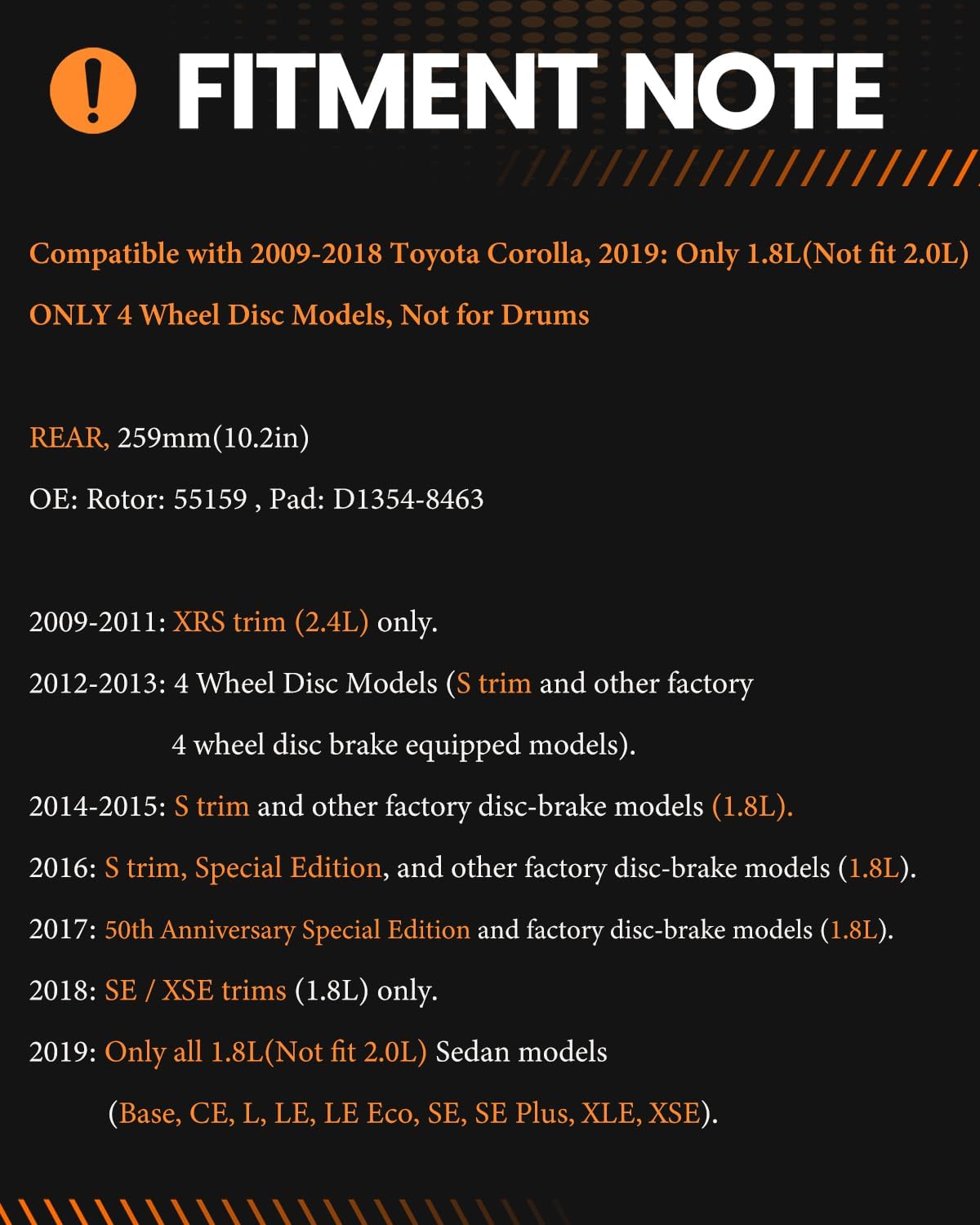 MOTOREVO Rear Brake Kit Compatible with Corolla 2009-2019 (ONLY Rear Disc, Not for Drums) Geomet Coated Brake Rotors & Ceramic Brake Pads [2019 Only for 1.8L Not for 2.0L Engine Models] 259mm Rotors
