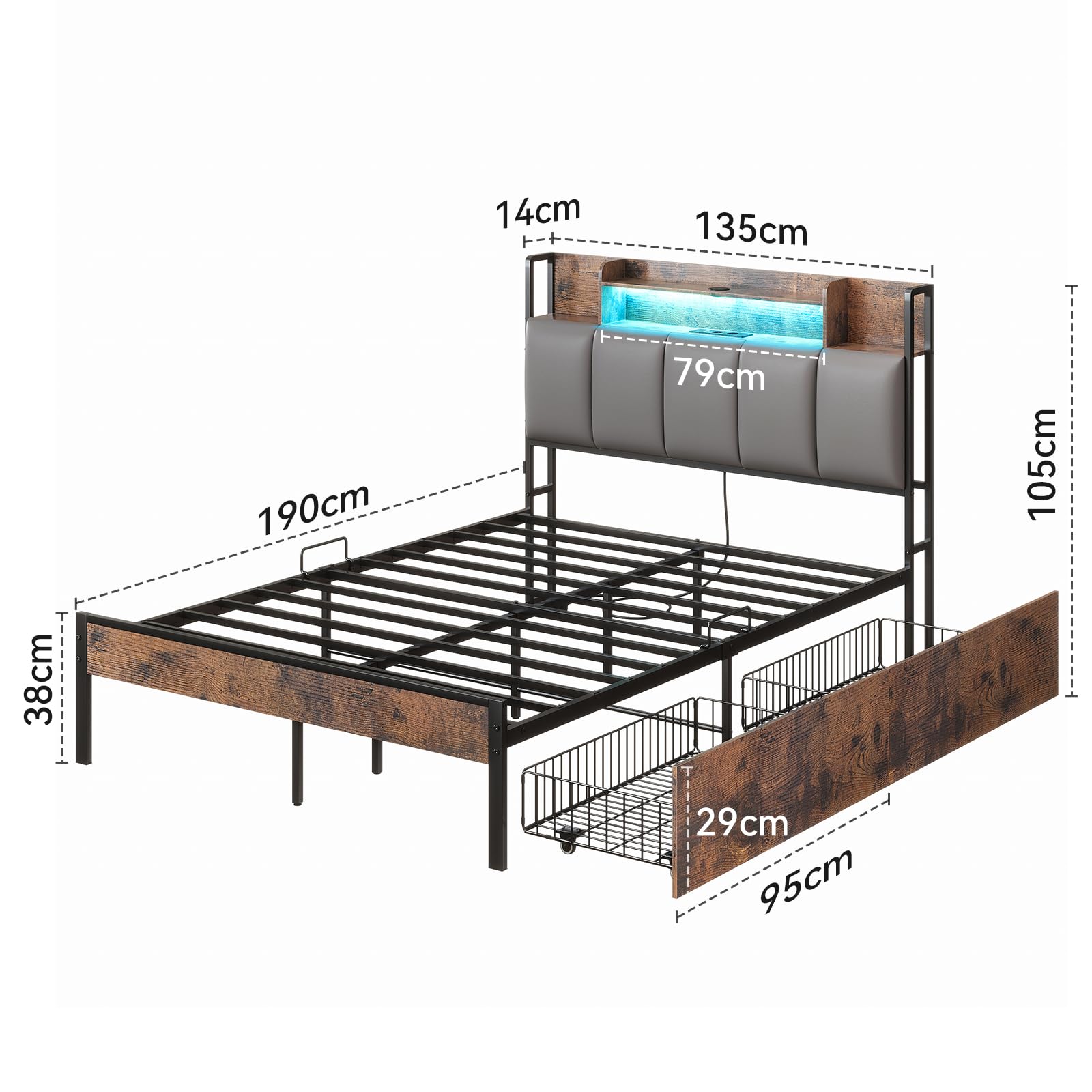 ODK Bett 140x200, Bettgestell mit 2 Schubladen, Betten 140x200 mit Stauraum, Kopfteil mit LED Beleuchtung & (Steckdose/USB), Metall Doppelbett
