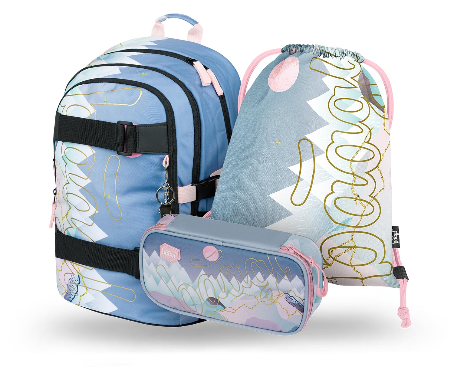 Baagl Juego De Mochila Escolar Para Niña, 3 Piezas, Mochila Escolar A Partir De 3ª Clase, Con Correa Para El Pecho, Ergonómica (Skate Moon), Skate Moon