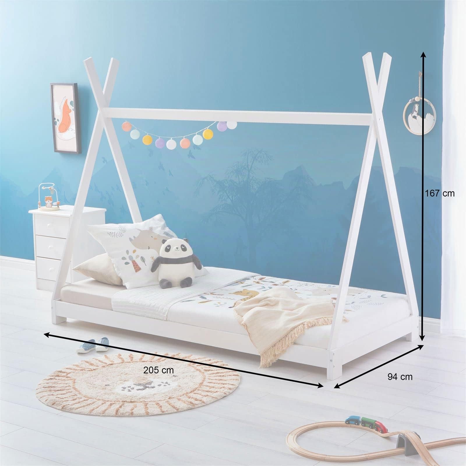 IDIMEX Tipi Bett ELIN aus massiver Kiefer in 90 x 200, Kinder Hausbett mit Dach, modernes Indianer Spielbett für Kinder, weiß lackiert