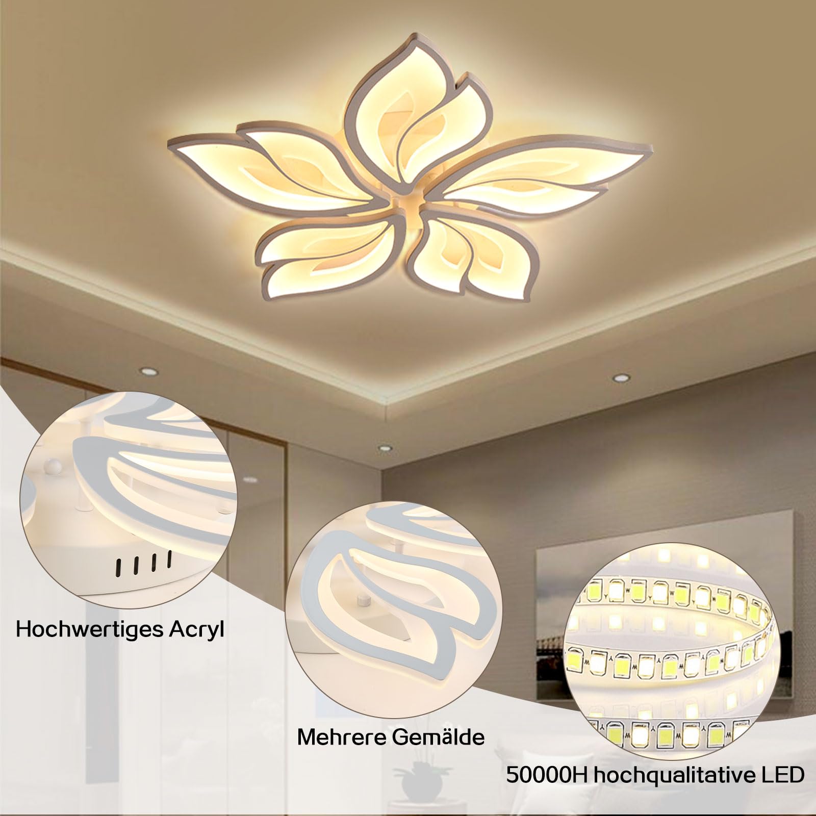 Sky angle Plafoniera LED Soffittocon ALEXA e Google Home, Lampada da Soffitto Moderna Design a Petalo Elegante per Soggiorno Camera da Letto Sala da Pranzo Bagno (Diametro 63cm)