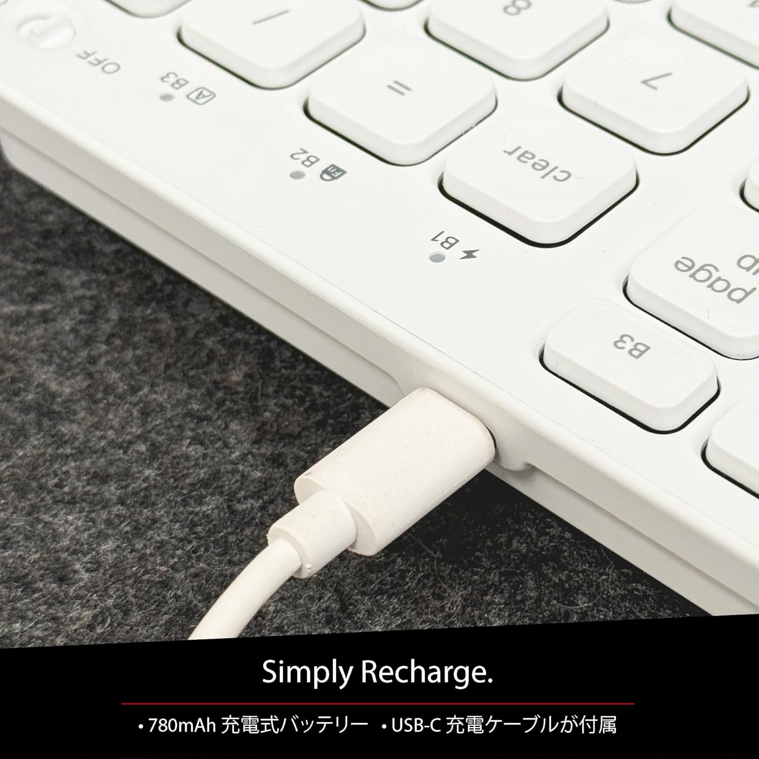 Close-up of the USB-C charging port on the Macally BTZKEYA keyboard.