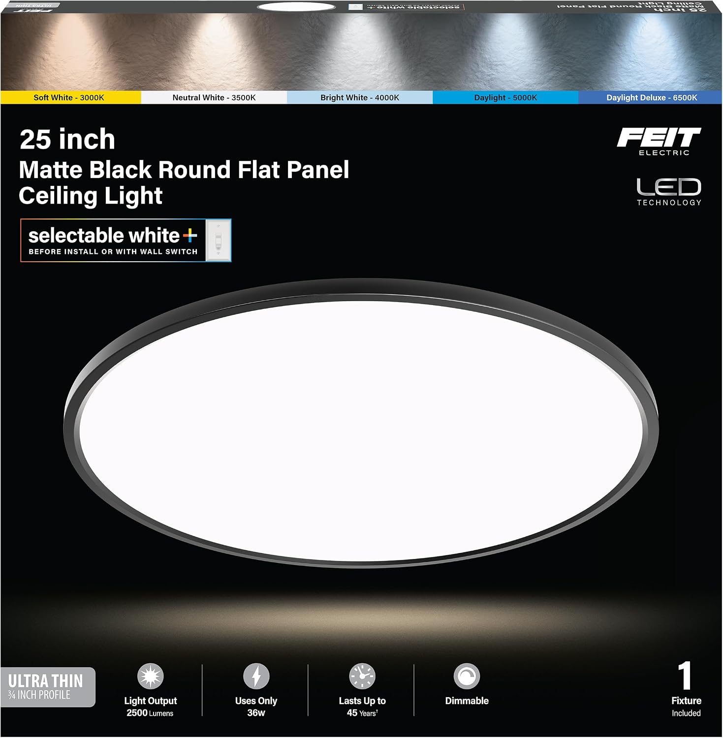 Feit Electric 25in Selectable White Ceiling Light, 2500 Lumens, 5 Color Temperatures (2700K-6500K), Dimmable, 36W Flush Mount, Perfect for Office, Kitchen, and Living Spaces, FM25LP6WYBK