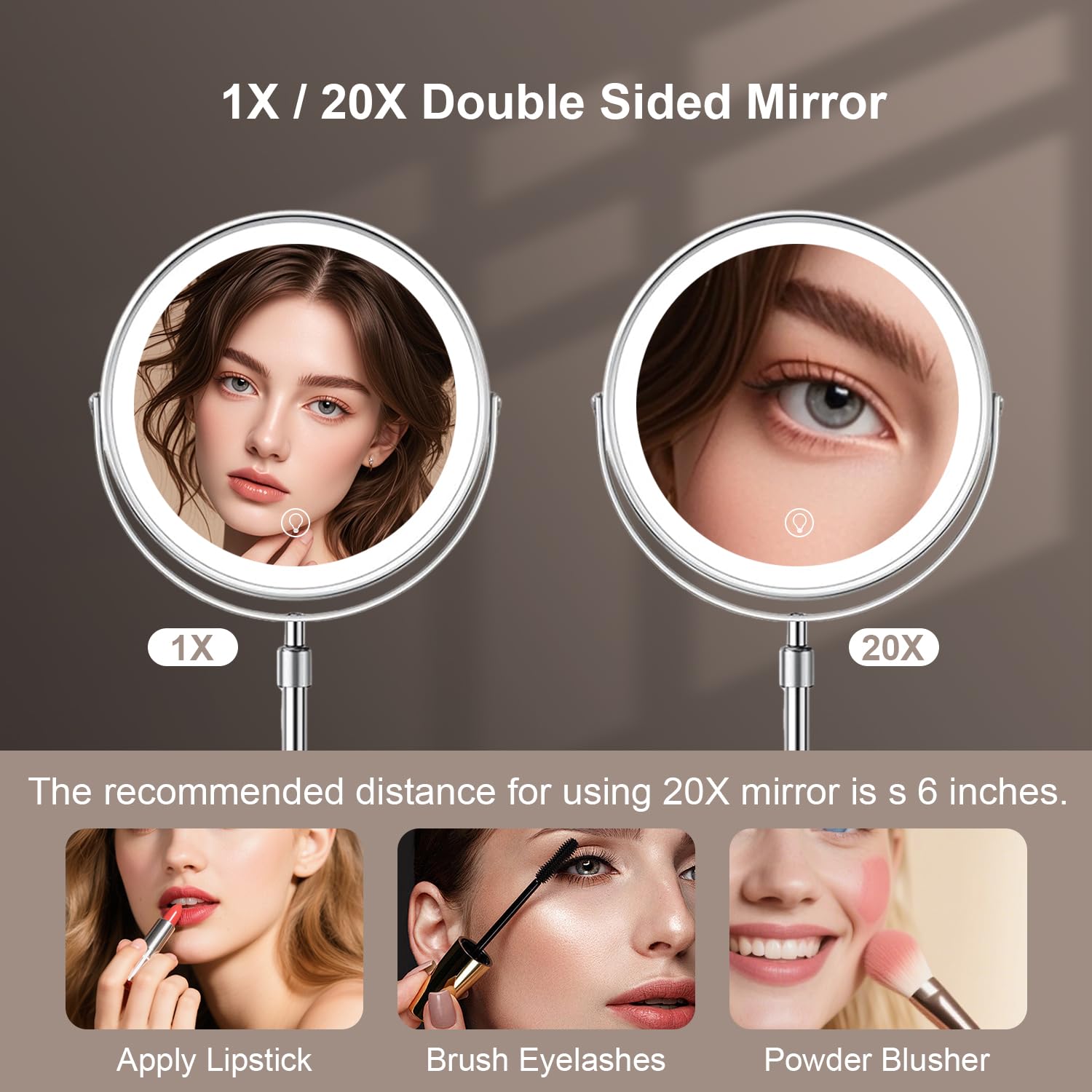 21,6 cm Make-up-Spiegel mit Lichtern, 1x/10-fach beleuchteter Vergrößerungsspiegel mit 3 LED-Beleuchtung, 3000 mAh wiederaufladbarer, doppelseitiger Kosmetikspiegel, höhenverstellbar und verstellbare