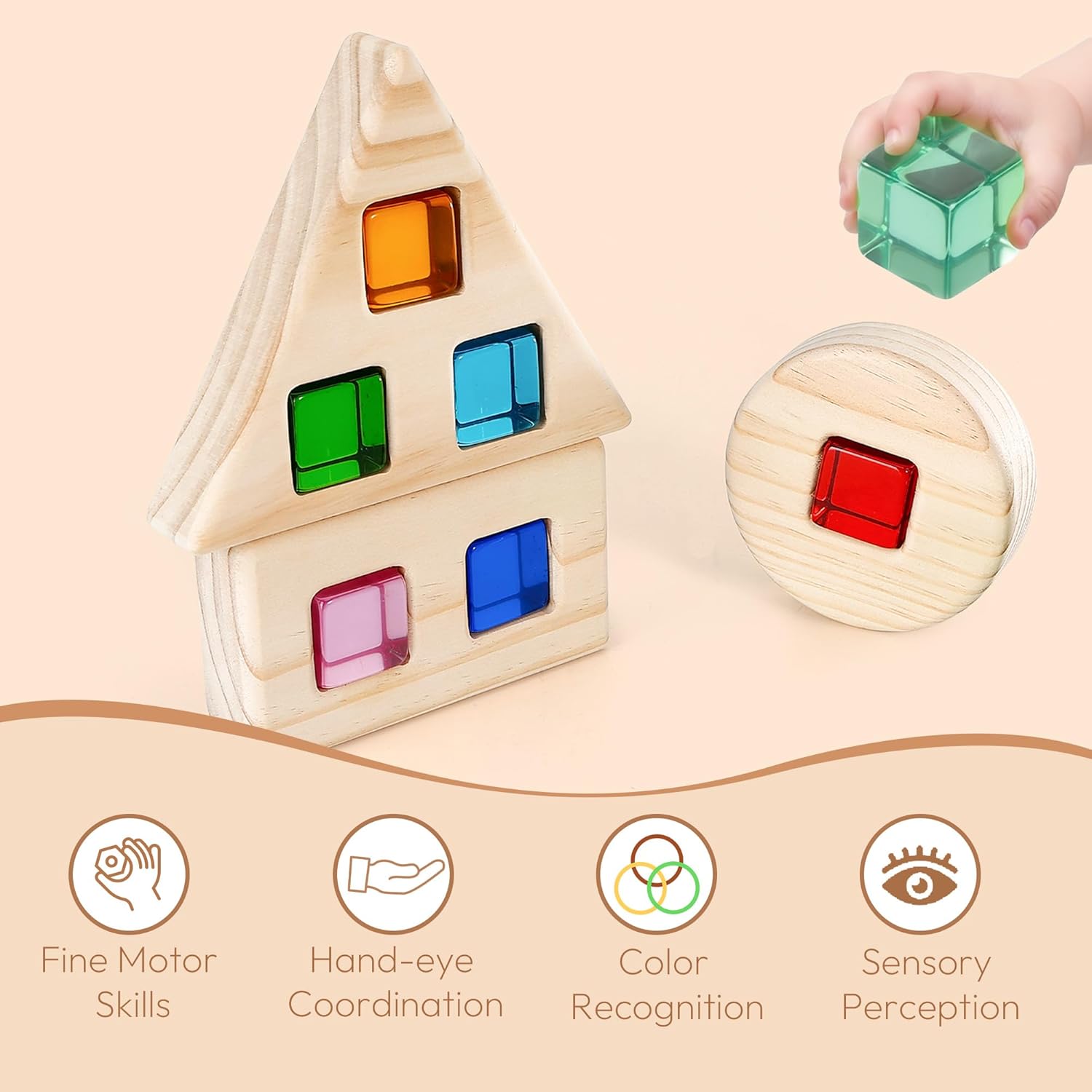 Woodtoe Rainbow Building Blocks Set for Toddlers, 16 PCS Large Acrylic Gem Cubes Stacking Blocks, 3 Wooden Shape, Montessori Stacking Toy for 1 2 3 4 Year Old, Educational STEM Creative Toys for Kids