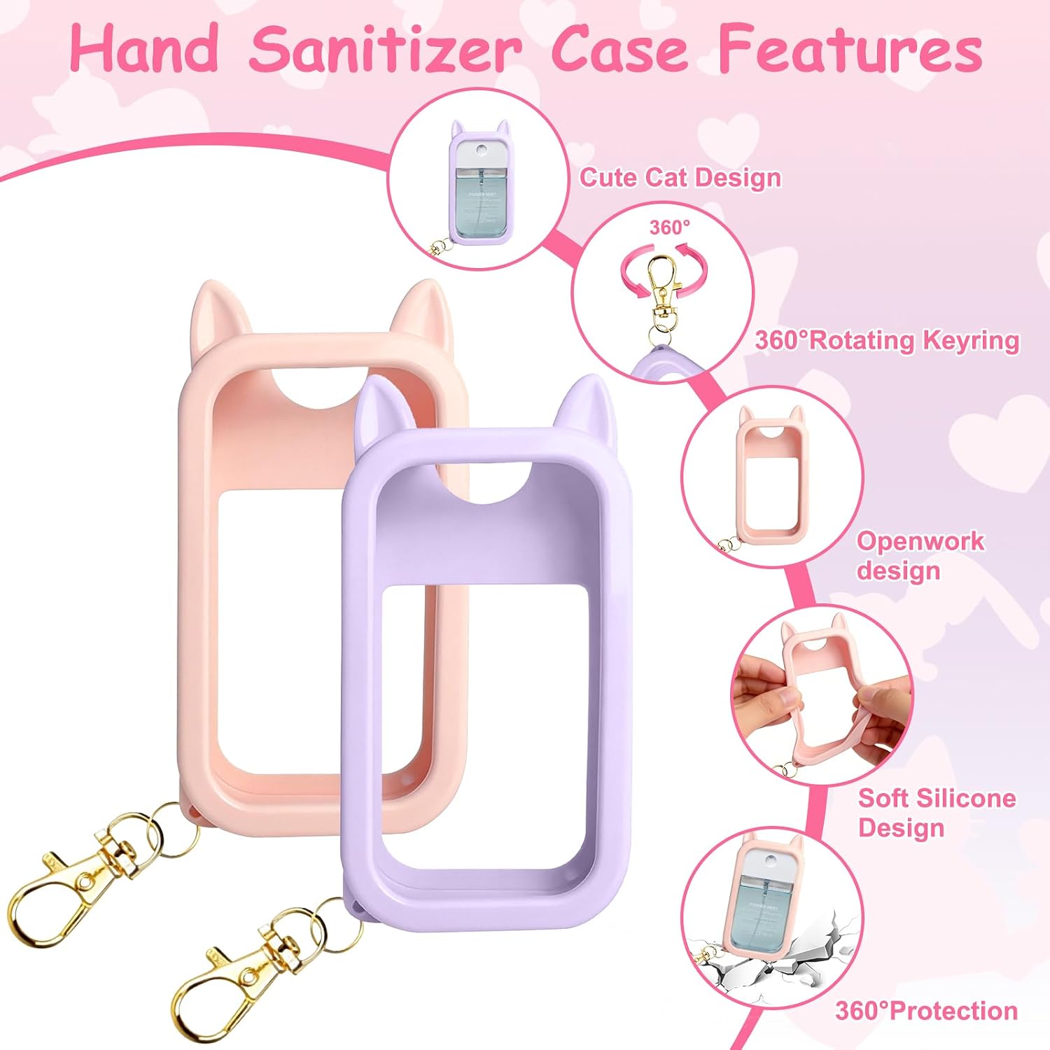 Cat Silicone Bottle Case 2Pcs Compatible with Touchland Hand Sanitizer Spray Bottle with Keychain, Cute Stylish Hand Sanitizer Holder Keychain for Power Mist & Glow Mist 1 FL Oz/30ML(Cat Ear Style) image 5