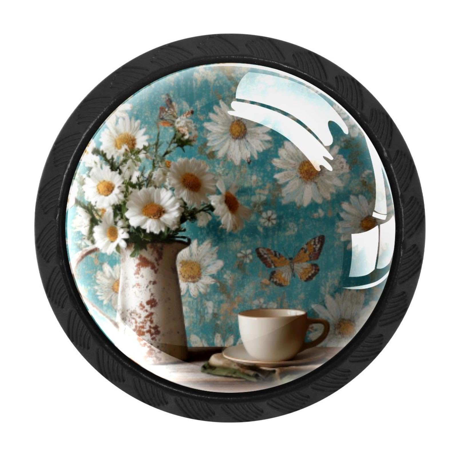 CHENZZZZ 4 Pack Round Cabinet Knobs for Kitchen Bathroom Closet Dresser Cabinets, Rustic Teal Daisy Butterfly Farmhouse (5)