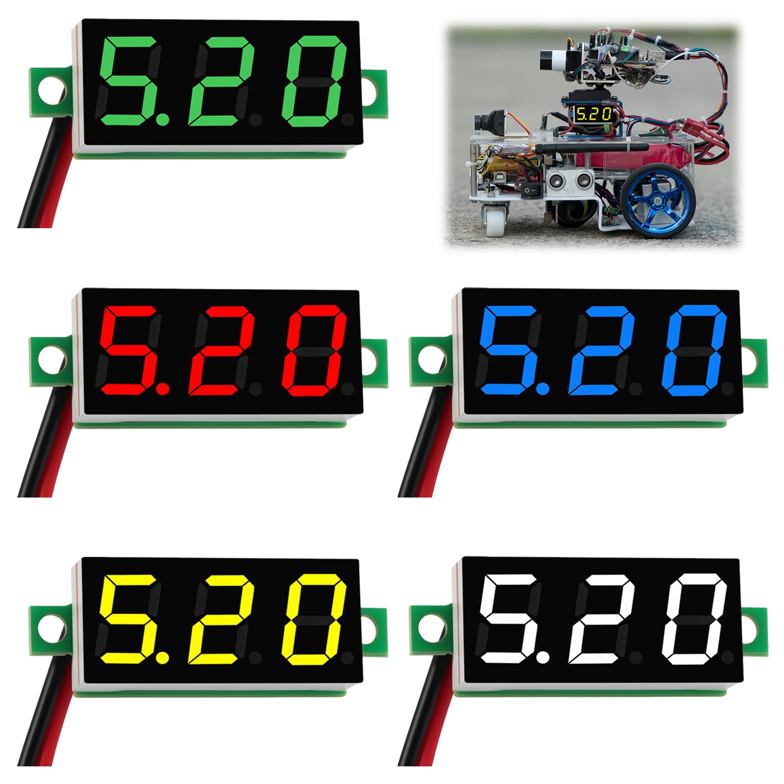 5 Pezzi Mini Voltmetri Digitali, Voltmetro DC Digitale 0.28 Pollici, 2.5V-40V DC con Protezione Inversione Polarità, Display LED, Adatti per Misurazioni Accurate della Tensione, 5 Colori