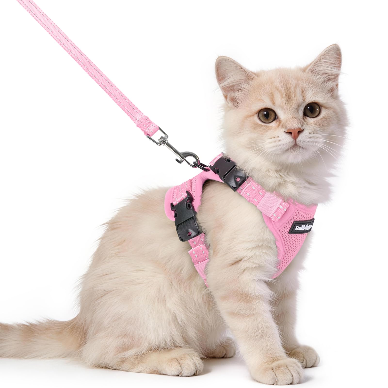 rabbitgoo Cat Harness and Lead Set, Escape Proof Kitten Harness with 3 Adjustable Buckles, Soft Comfortable Cat Vest with Leash, Easy to Wear, Reflective for Safe Outdoor Walking, XS, Pink