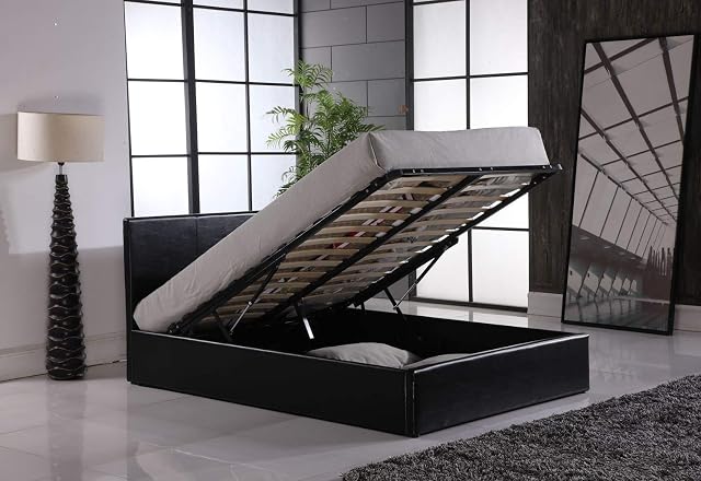 Modernique 4FT6 Black Faux Leather Ottoman Storage Double Bed, Gas Lift Storage Bed,